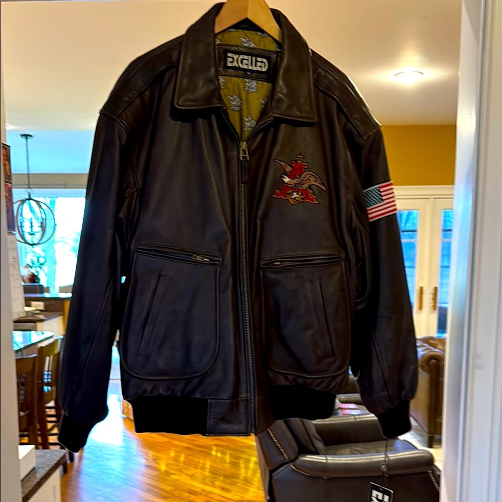 Brown Leather bomber Jacket with Embroidered Patches